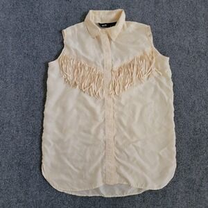 Pasta‎ Shirt Womens Medium Cream 100% Silk Sleeveless Western Fringe Boho Top